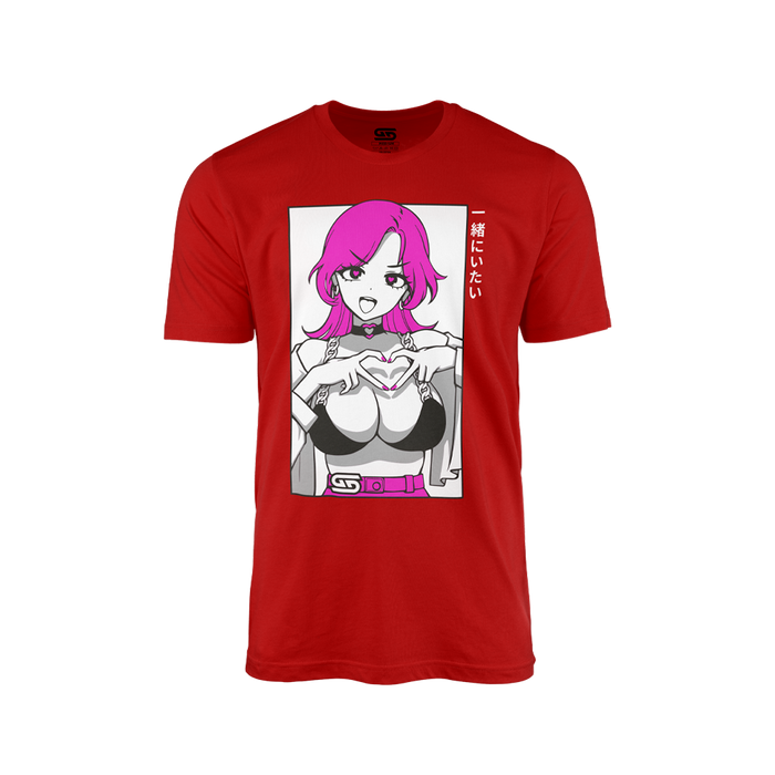 Red shirt with a pink-haired anime girl making a heart shape with her hands and Japanese text on the right side.